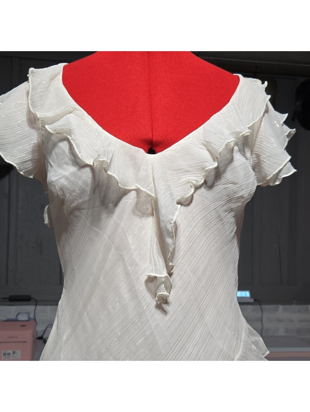 francesca's Cream Solid Maxi Dress S V-Neck Flutter Sleeve Open Back Zip - Picture 2 of 7